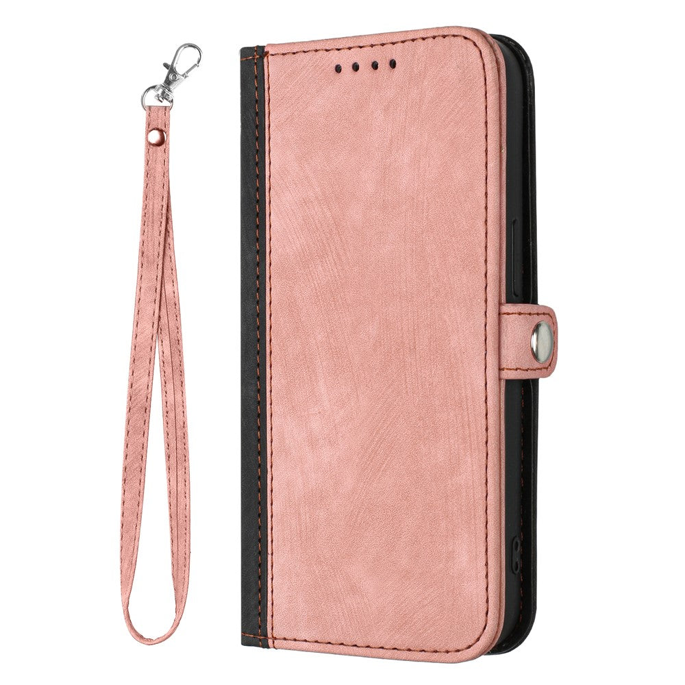 For iPhone 17 Pro Max PU Leather Case with Strap Phone Cover Stand Side Magnetic Button Design - Black+Pink