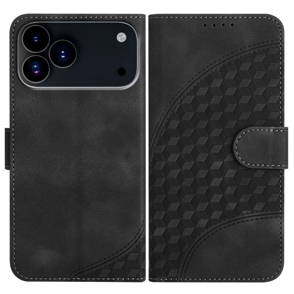 For iPhone 17 Pro Max Leather Case with Wrist Strap Diamond Imprint Wallet Phone Cover - Black
