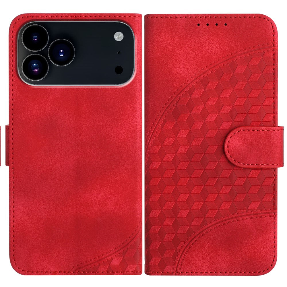 For iPhone 17 Pro Max Leather Case with Wrist Strap Diamond Imprint Wallet Phone Cover - Red