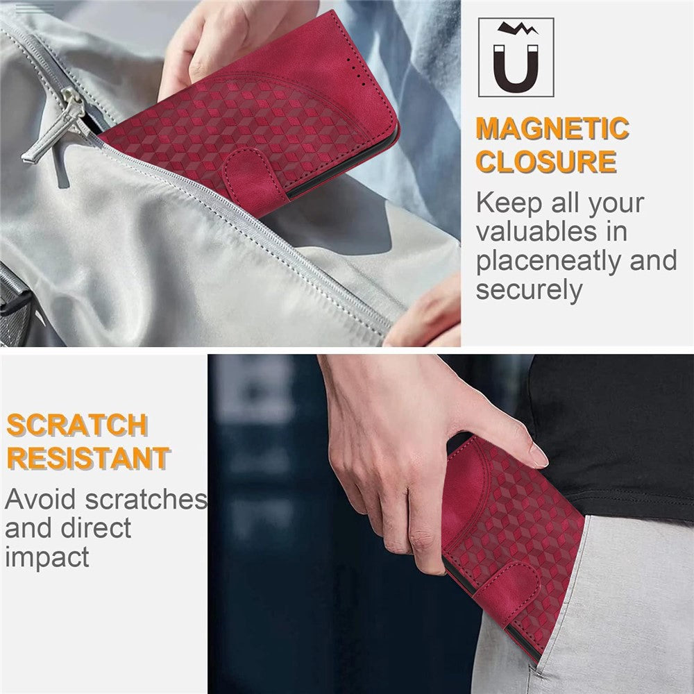 For iPhone 17 Pro Max Leather Case with Wrist Strap Diamond Imprint Wallet Phone Cover - Rose Red