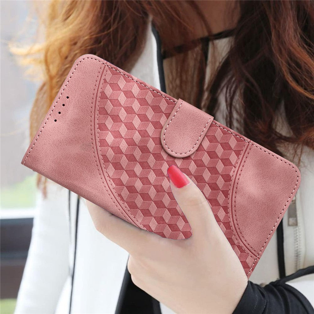 For iPhone 17 Pro Max Leather Case with Wrist Strap Diamond Imprint Wallet Phone Cover - Pink