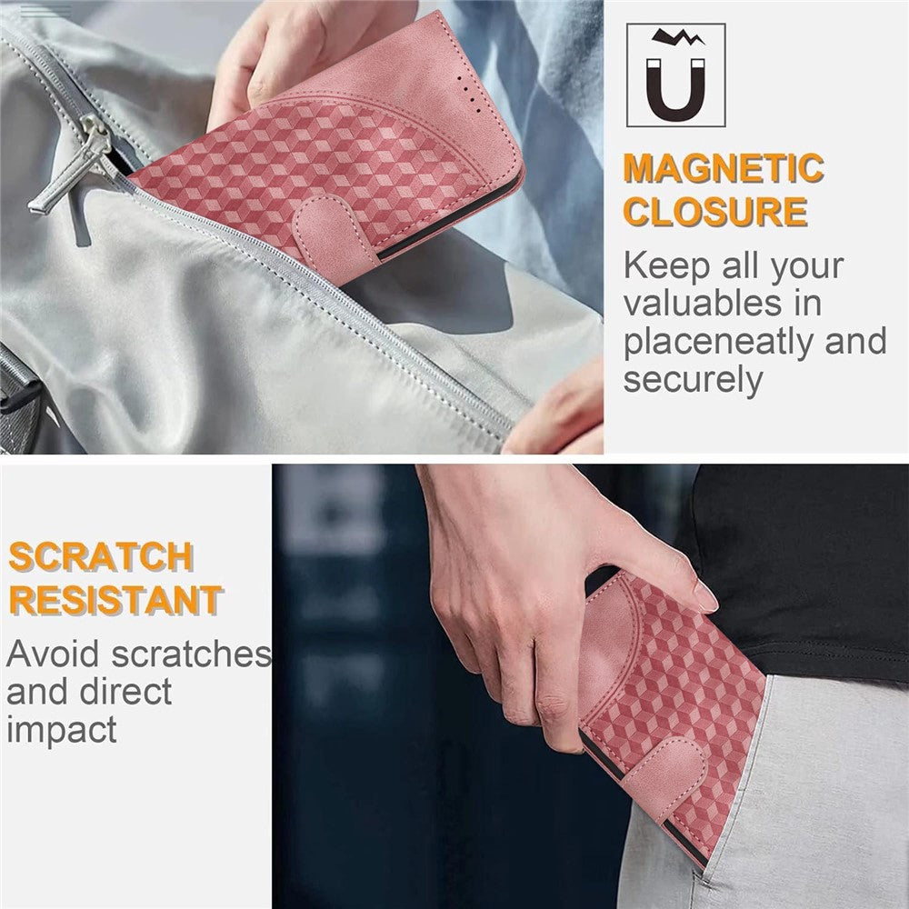 For iPhone 17 Pro Max Leather Case with Wrist Strap Diamond Imprint Wallet Phone Cover - Pink