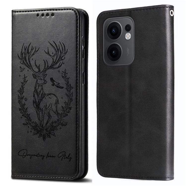 For Oppo Reno13 F 5G Stand Case Lucky Deer Imprinted Magnetic Closure Leather Wallet Phone Cover - Black