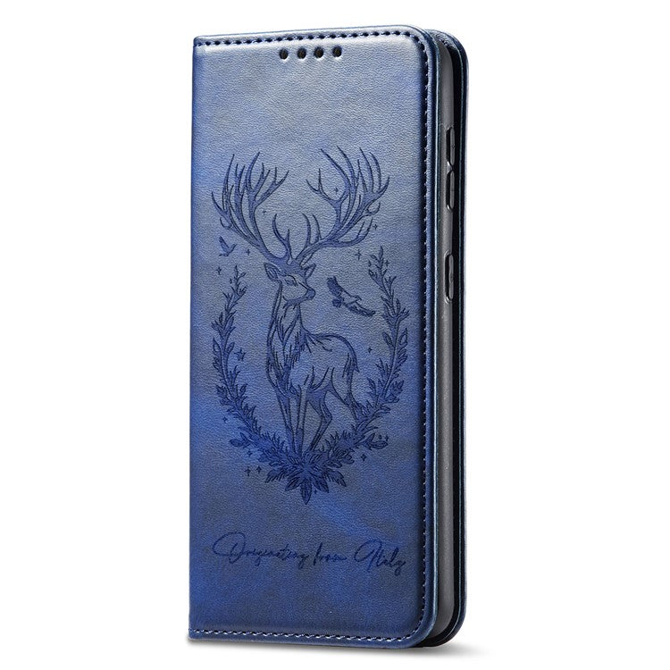 For Oppo Reno13 F 5G Stand Case Lucky Deer Imprinted Magnetic Closure Leather Wallet Phone Cover - Blue