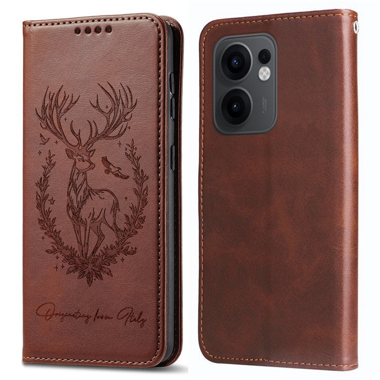 For Oppo Reno13 F 5G Stand Case Lucky Deer Imprinted Magnetic Closure Leather Wallet Phone Cover - Brown