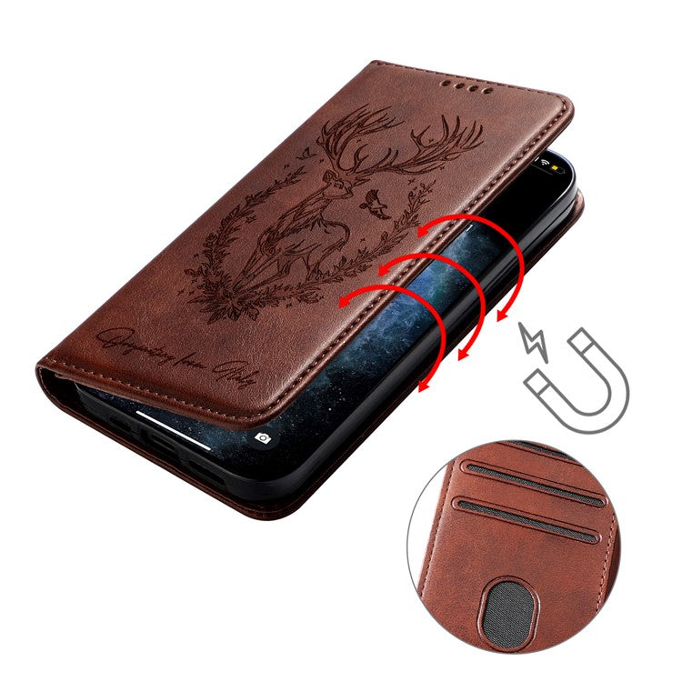 For Oppo Reno13 F 5G Stand Case Lucky Deer Imprinted Magnetic Closure Leather Wallet Phone Cover - Brown