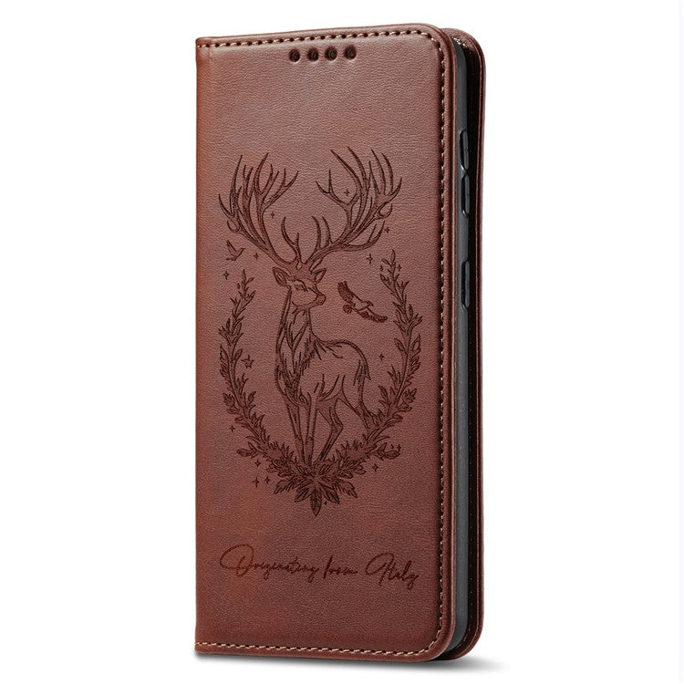 For Oppo Reno13 F 5G Stand Case Lucky Deer Imprinted Magnetic Closure Leather Wallet Phone Cover - Brown