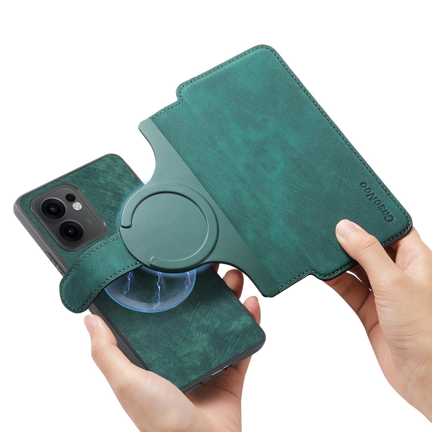 For Oppo Reno13 F 5G Magnetic Case CASENEO Detachable Leather Phone Wallet Cover - Green