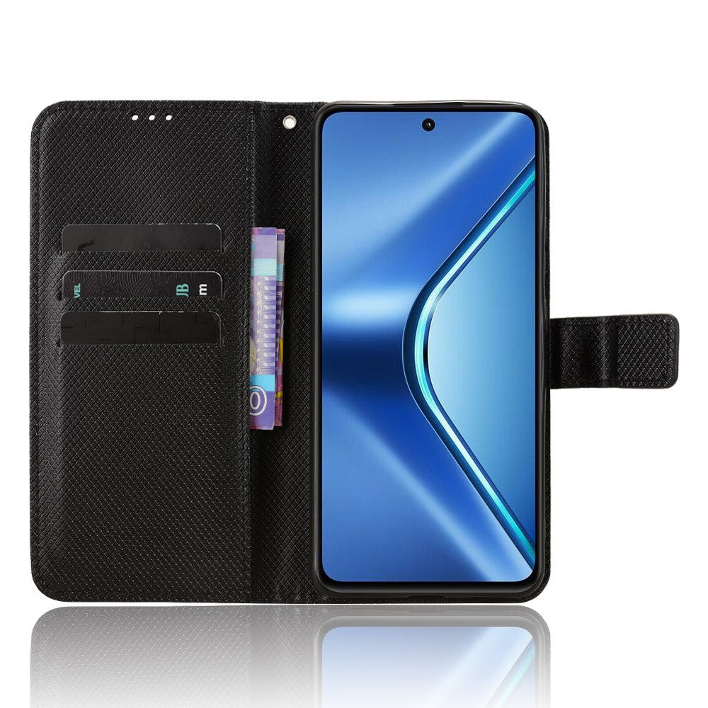 For Oppo K13 5G Leather Wallet Case with Strap Diamond Texture Phone Cover - Black
