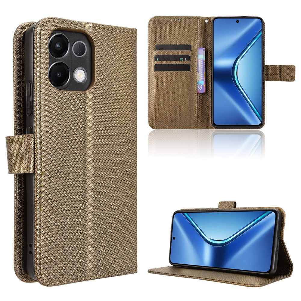 For Oppo K13 5G Leather Wallet Case with Strap Diamond Texture Phone Cover - Brown