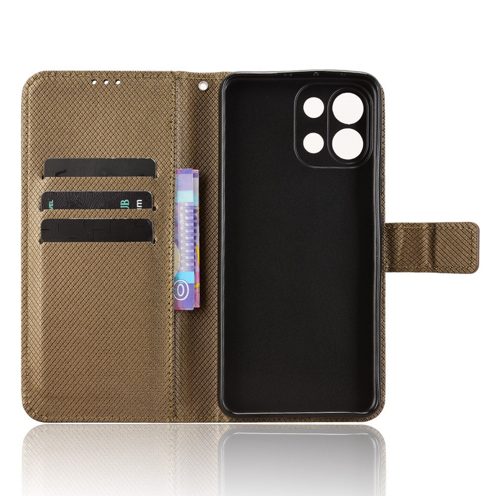 For Oppo K13 5G Leather Wallet Case with Strap Diamond Texture Phone Cover - Brown