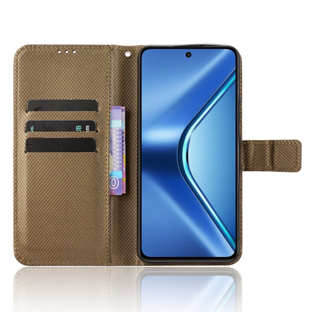 For Oppo K13 5G Leather Wallet Case with Strap Diamond Texture Phone Cover - Brown