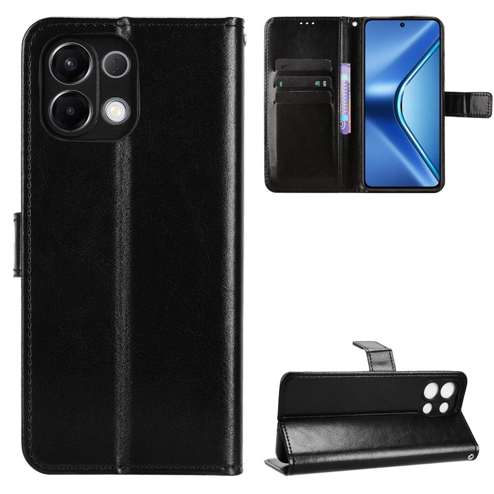 For Oppo K13 5G PU Leather Case with Strap Crazy Horse Texture Phone Wallet Cover - Black