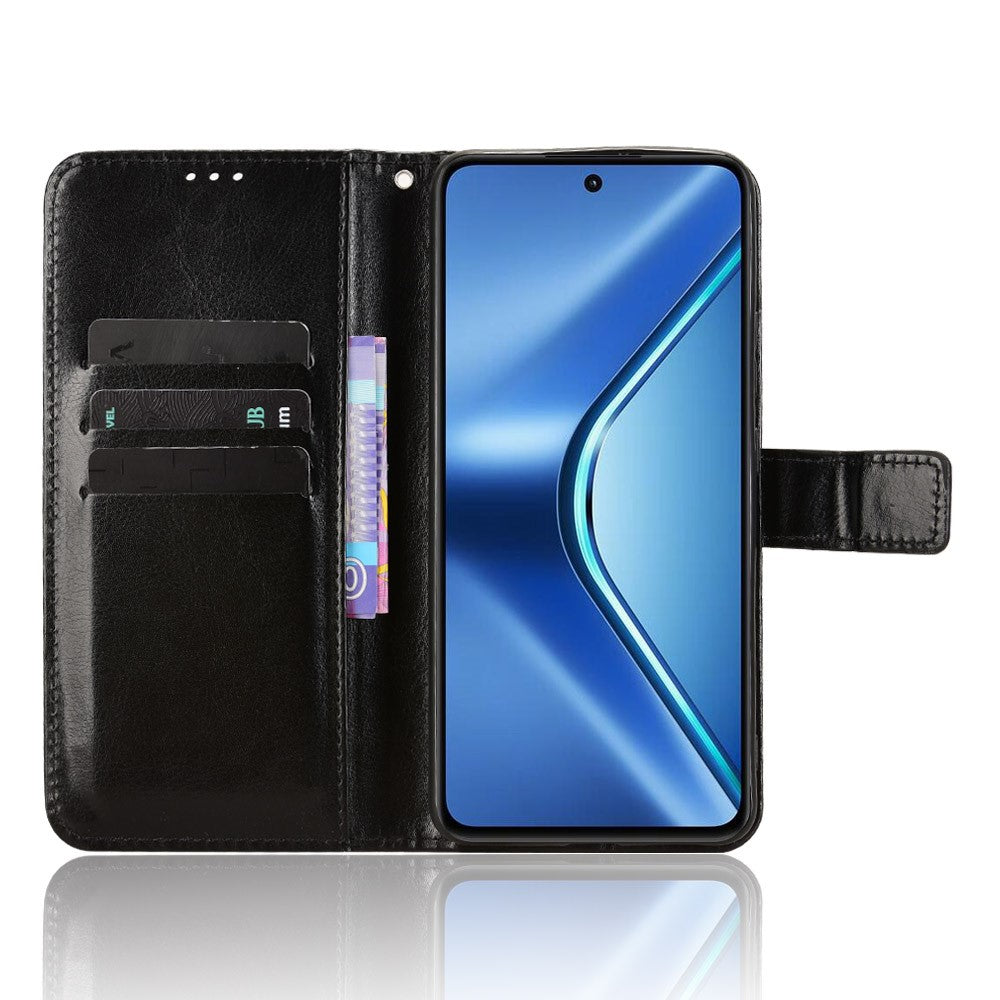 For Oppo K13 5G PU Leather Case with Strap Crazy Horse Texture Phone Wallet Cover - Black