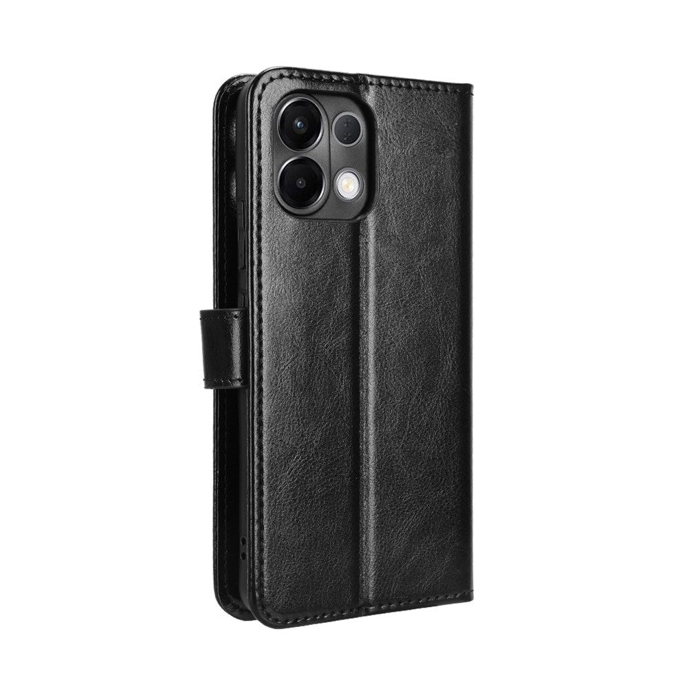 For Oppo K13 5G PU Leather Case with Strap Crazy Horse Texture Phone Wallet Cover - Black