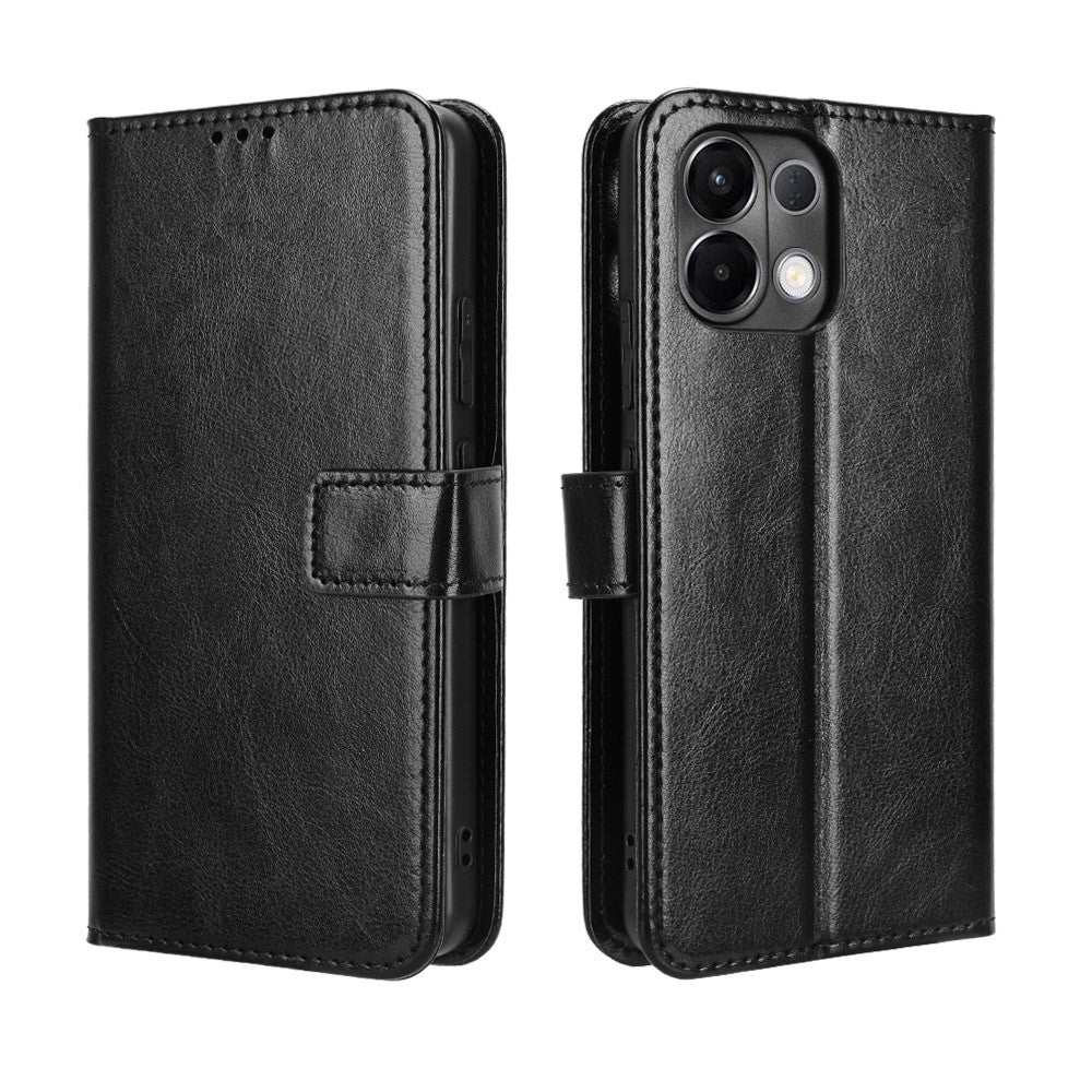 For Oppo K13 5G PU Leather Case with Strap Crazy Horse Texture Phone Wallet Cover - Black