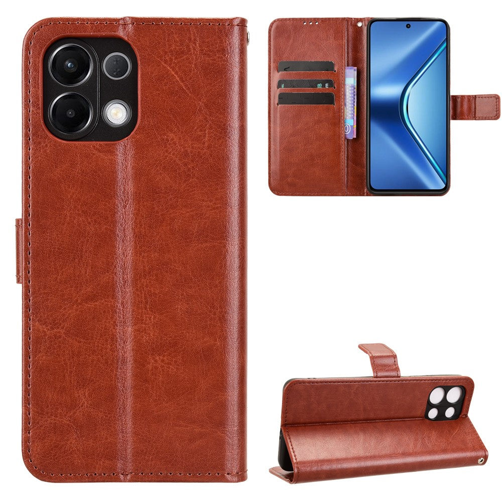For Oppo K13 5G PU Leather Case with Strap Crazy Horse Texture Phone Wallet Cover - Brown