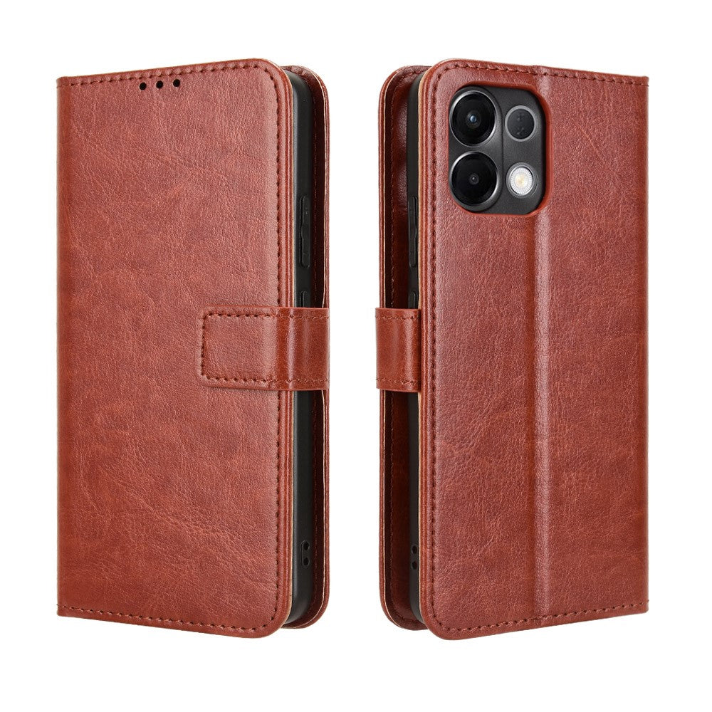 For Oppo K13 5G PU Leather Case with Strap Crazy Horse Texture Phone Wallet Cover - Brown