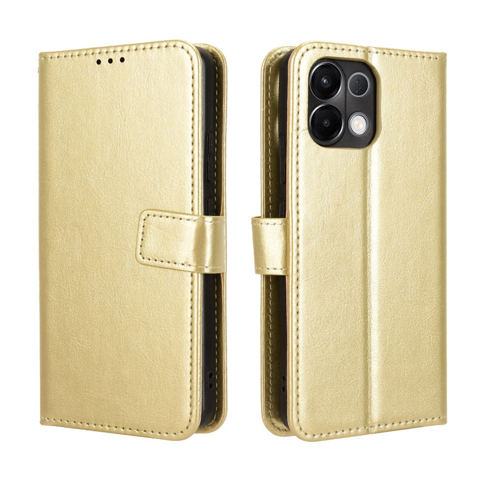 For Oppo K13 5G PU Leather Case with Strap Crazy Horse Texture Phone Wallet Cover - Gold