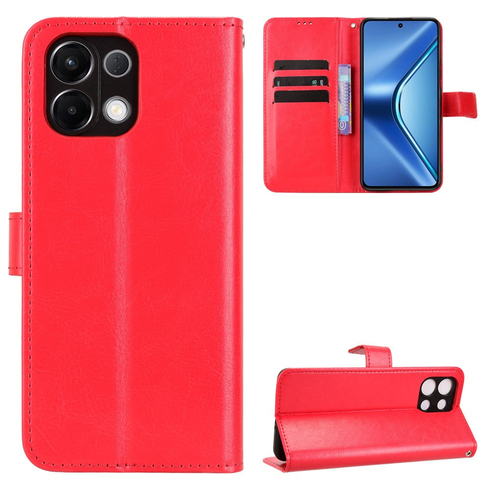 For Oppo K13 5G PU Leather Case with Strap Crazy Horse Texture Phone Wallet Cover - Red