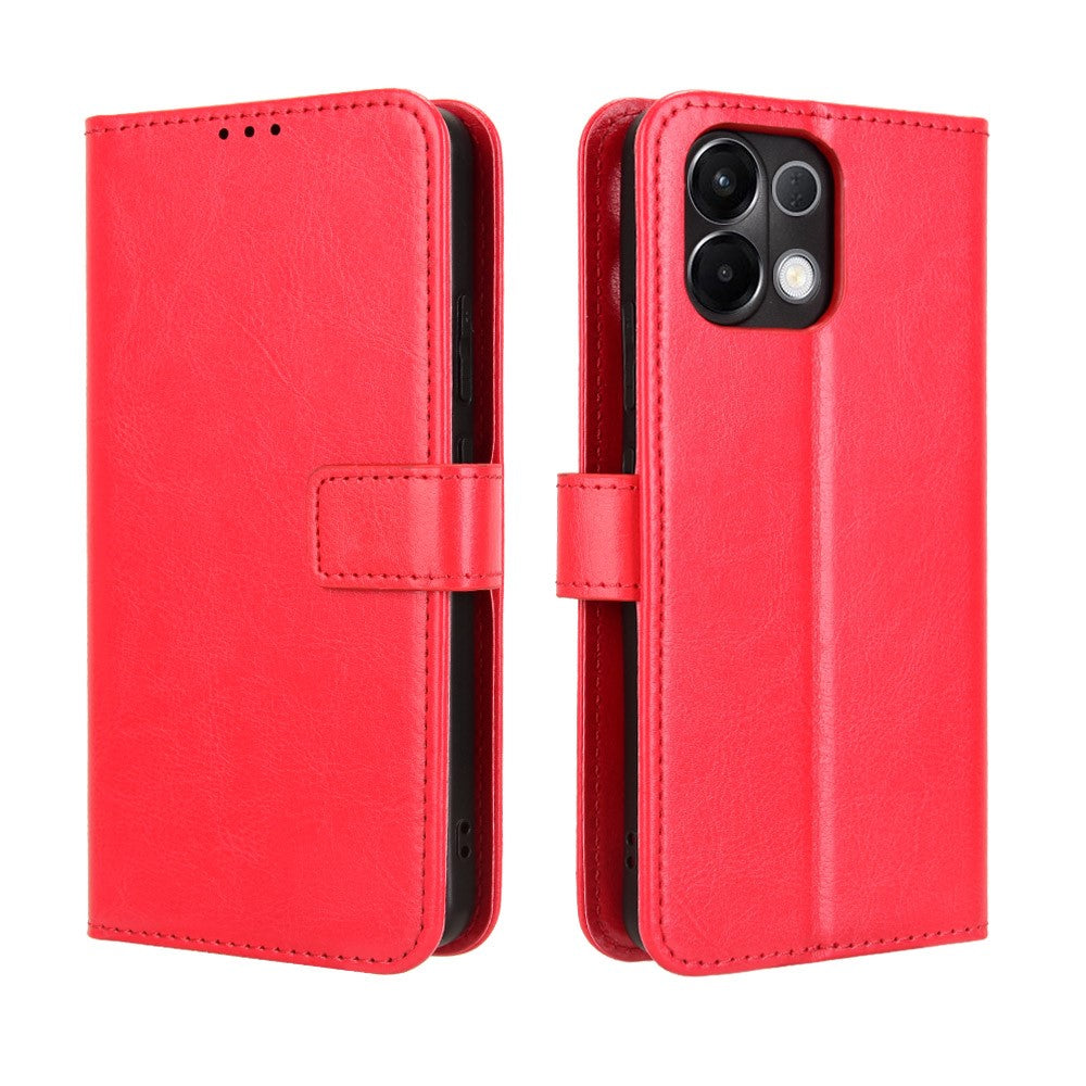For Oppo K13 5G PU Leather Case with Strap Crazy Horse Texture Phone Wallet Cover - Red