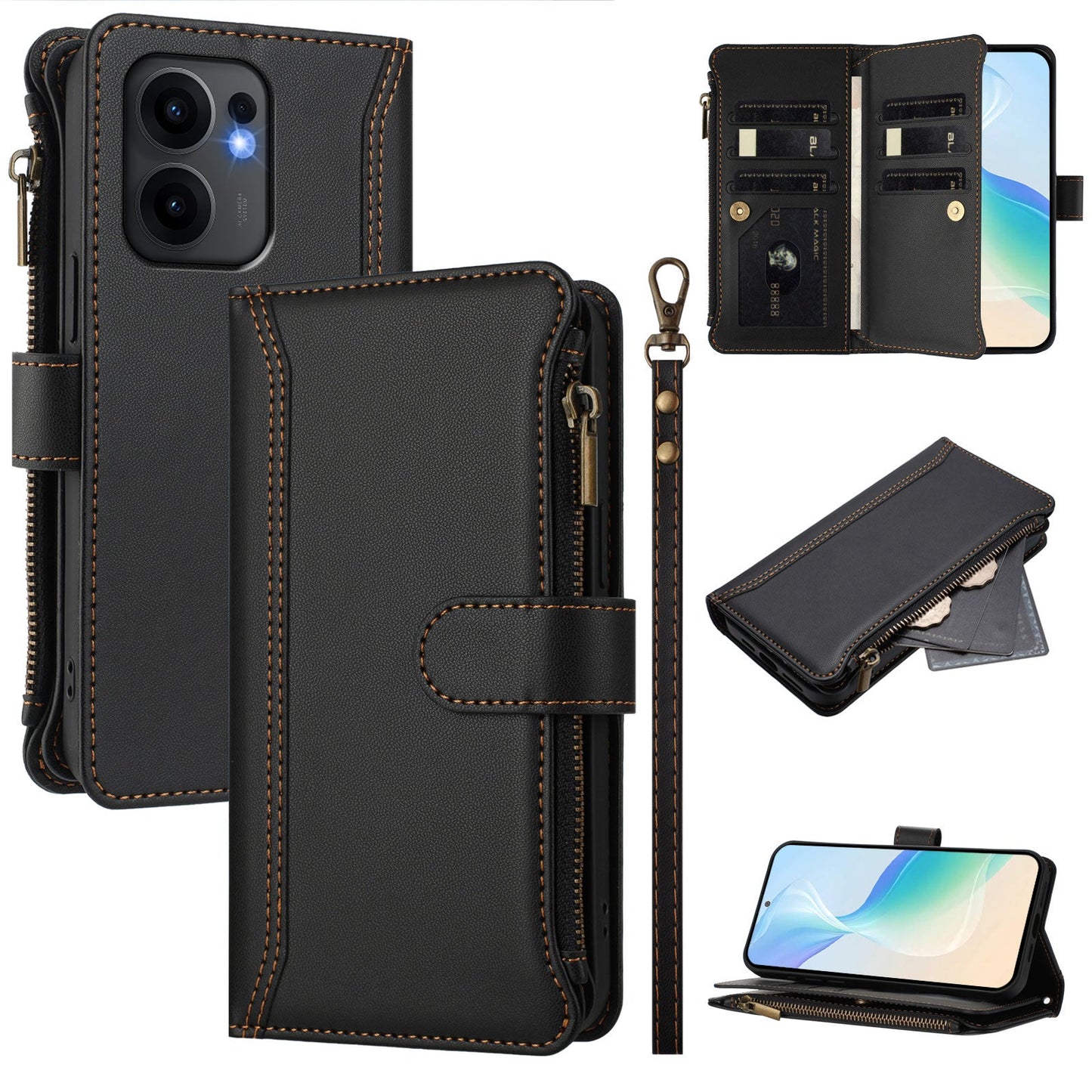 For Oppo Reno13 F 5G Leather Case 9 Card Slots Zipper Wallet Stand Phone Cover with Wrist Strap - Black