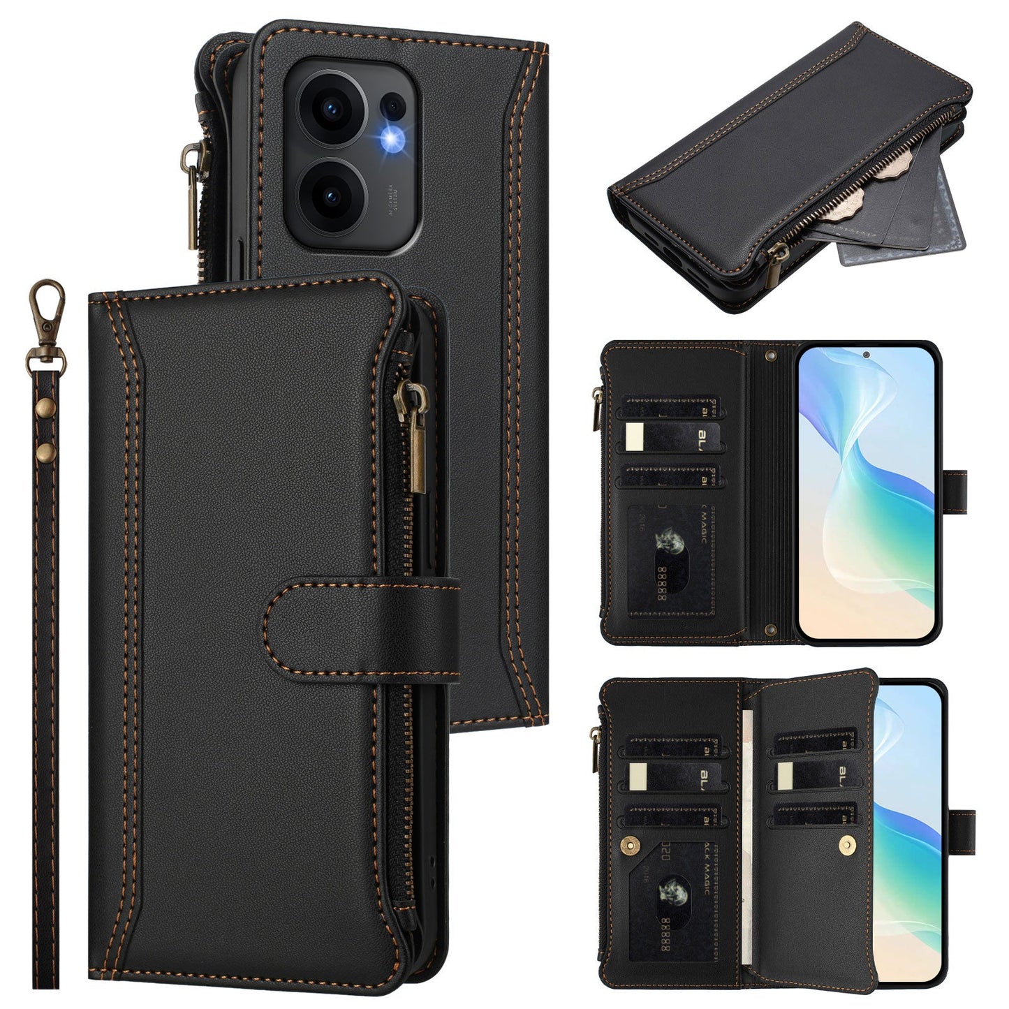 For Oppo Reno13 F 5G Leather Case 9 Card Slots Zipper Wallet Stand Phone Cover with Wrist Strap - Black