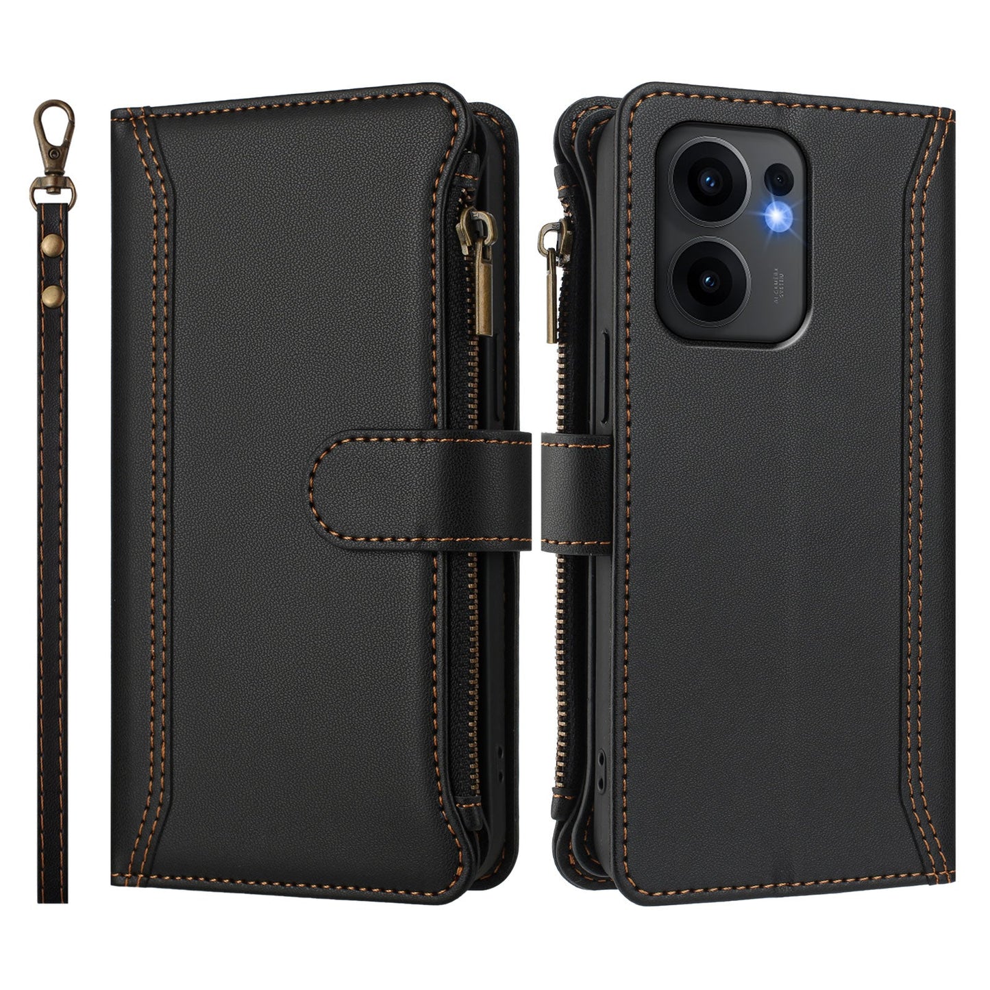 For Oppo Reno13 F 5G Leather Case 9 Card Slots Zipper Wallet Stand Phone Cover with Wrist Strap - Black