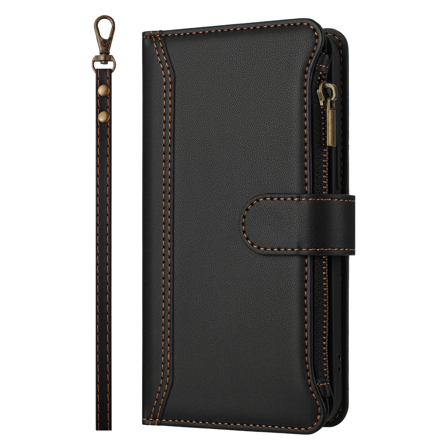 For Oppo Reno13 F 5G Leather Case 9 Card Slots Zipper Wallet Stand Phone Cover with Wrist Strap - Black
