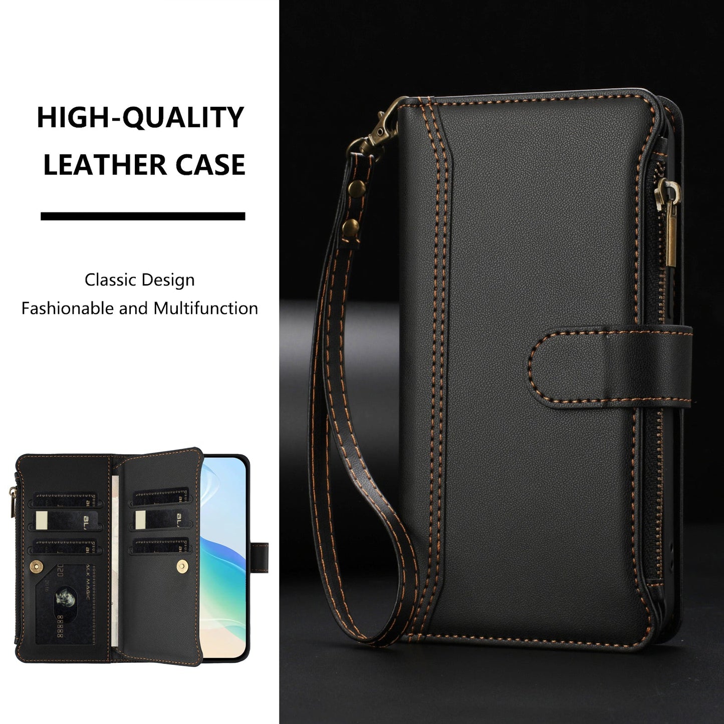 For Oppo Reno13 F 5G Leather Case 9 Card Slots Zipper Wallet Stand Phone Cover with Wrist Strap - Black