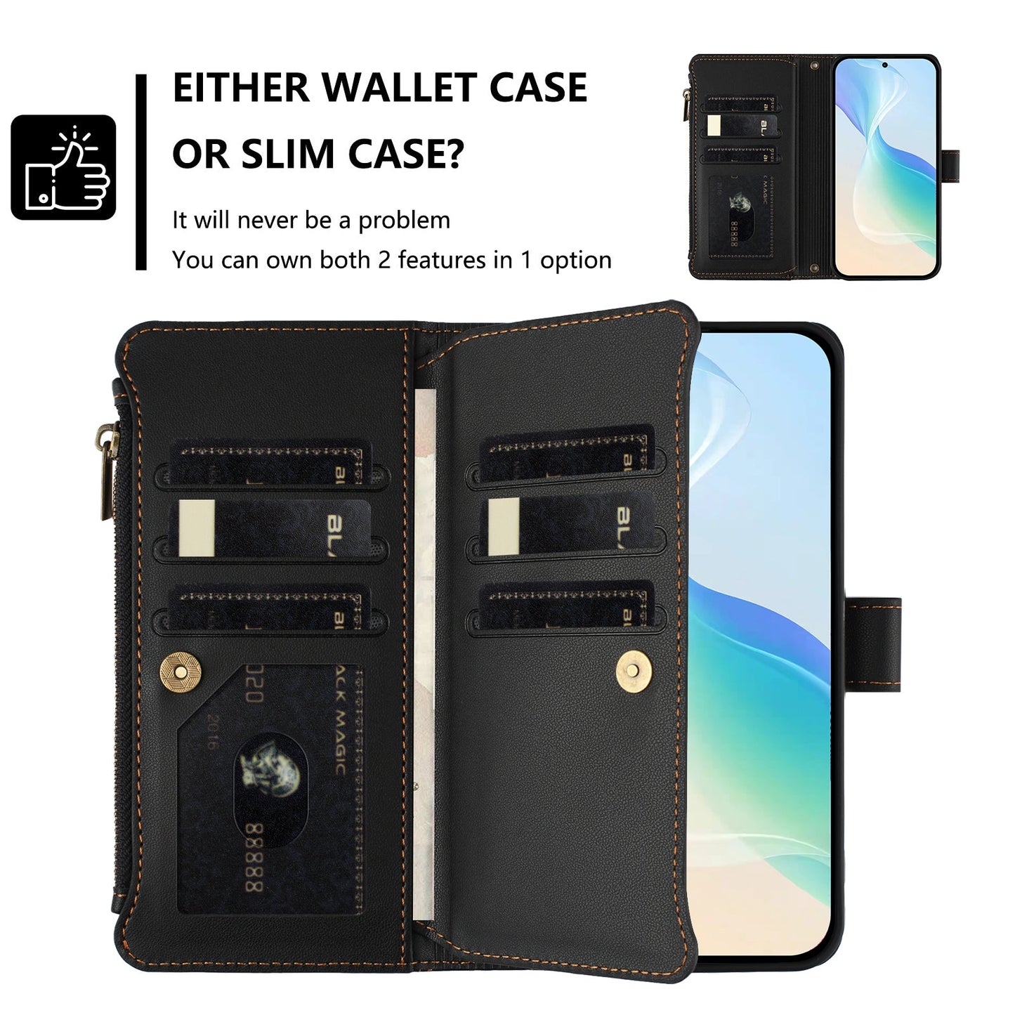 For Oppo Reno13 F 5G Leather Case 9 Card Slots Zipper Wallet Stand Phone Cover with Wrist Strap - Black