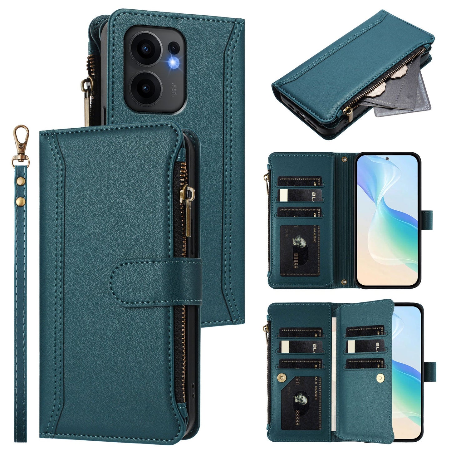 For Oppo Reno13 F 5G Leather Case 9 Card Slots Zipper Wallet Stand Phone Cover with Wrist Strap - Dark Green