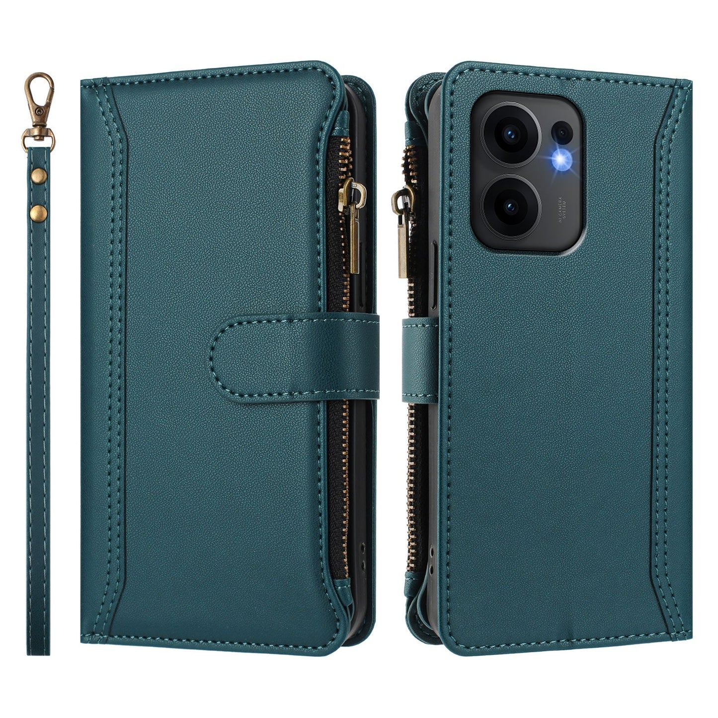 For Oppo Reno13 F 5G Leather Case 9 Card Slots Zipper Wallet Stand Phone Cover with Wrist Strap - Dark Green
