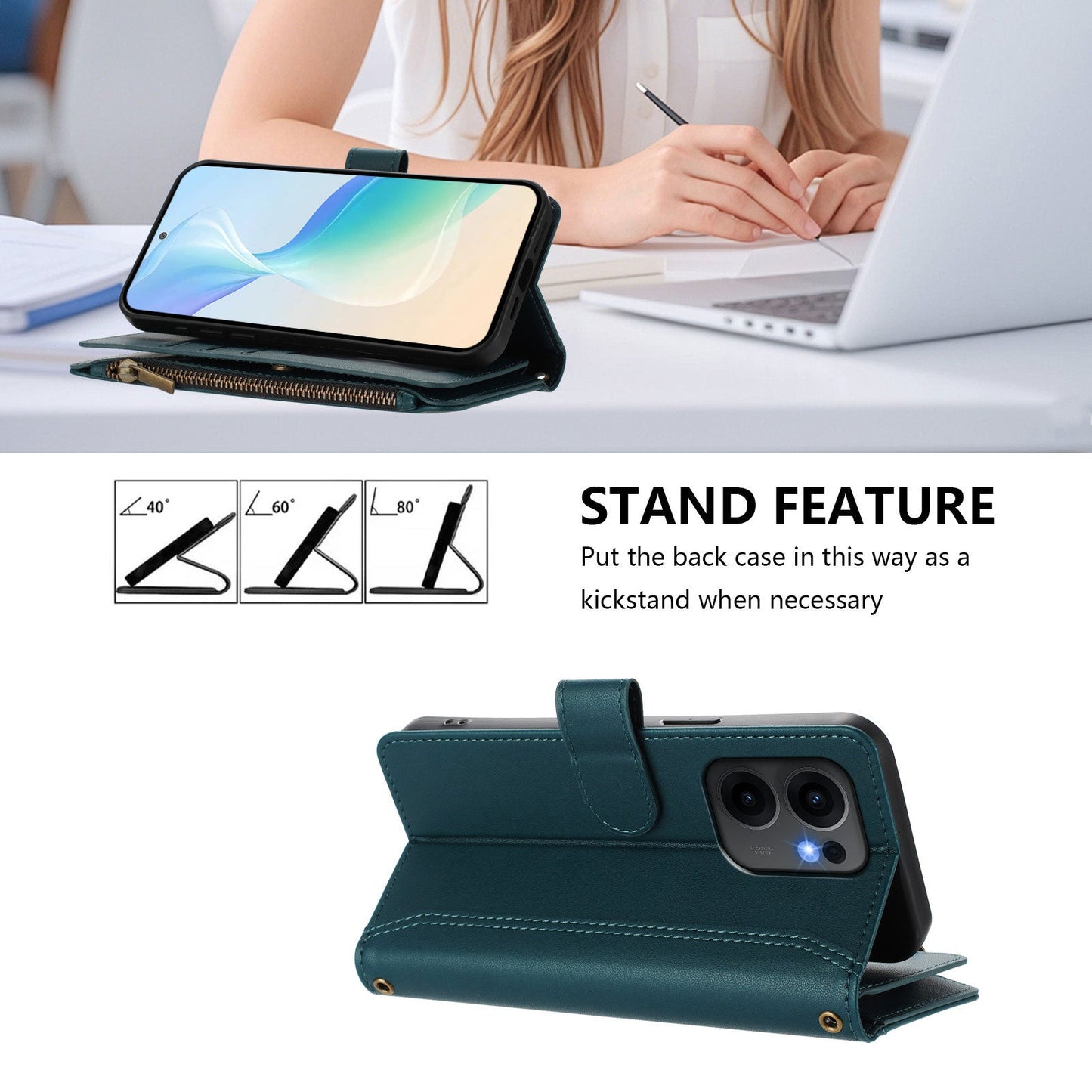 For Oppo Reno13 F 5G Leather Case 9 Card Slots Zipper Wallet Stand Phone Cover with Wrist Strap - Dark Green