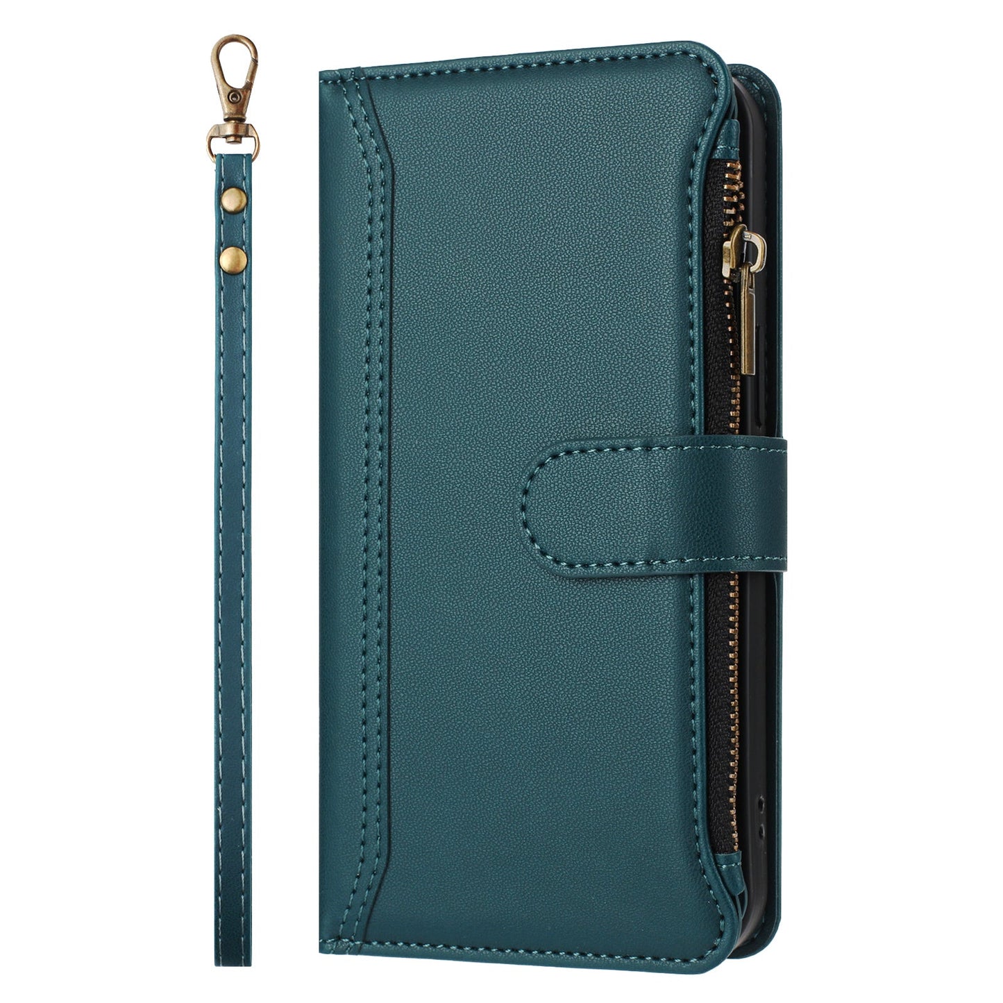 For Oppo Reno13 F 5G Leather Case 9 Card Slots Zipper Wallet Stand Phone Cover with Wrist Strap - Dark Green