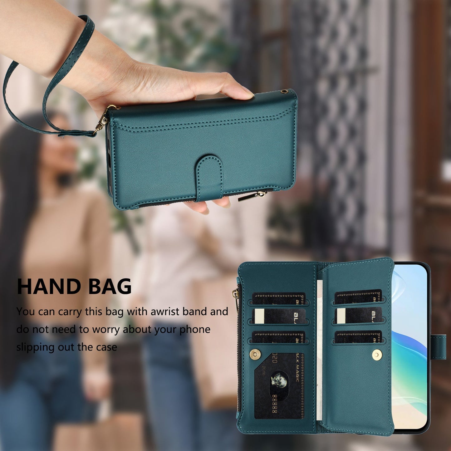 For Oppo Reno13 F 5G Leather Case 9 Card Slots Zipper Wallet Stand Phone Cover with Wrist Strap - Dark Green