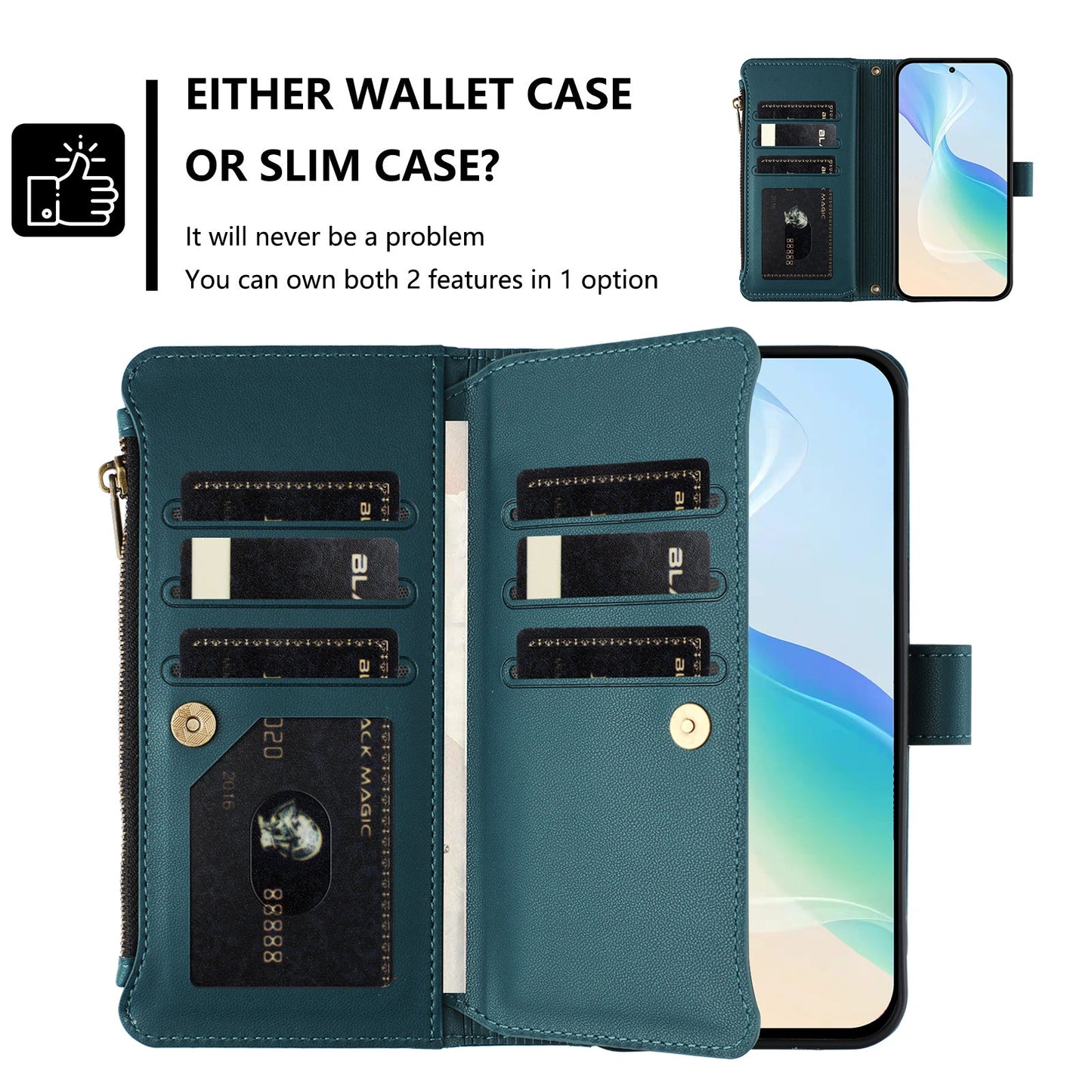 For Oppo Reno13 F 5G Leather Case 9 Card Slots Zipper Wallet Stand Phone Cover with Wrist Strap - Dark Green