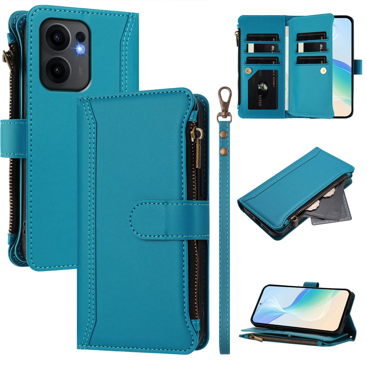For Oppo Reno13 F 5G Leather Case 9 Card Slots Zipper Wallet Stand Phone Cover with Wrist Strap - Lake Blue
