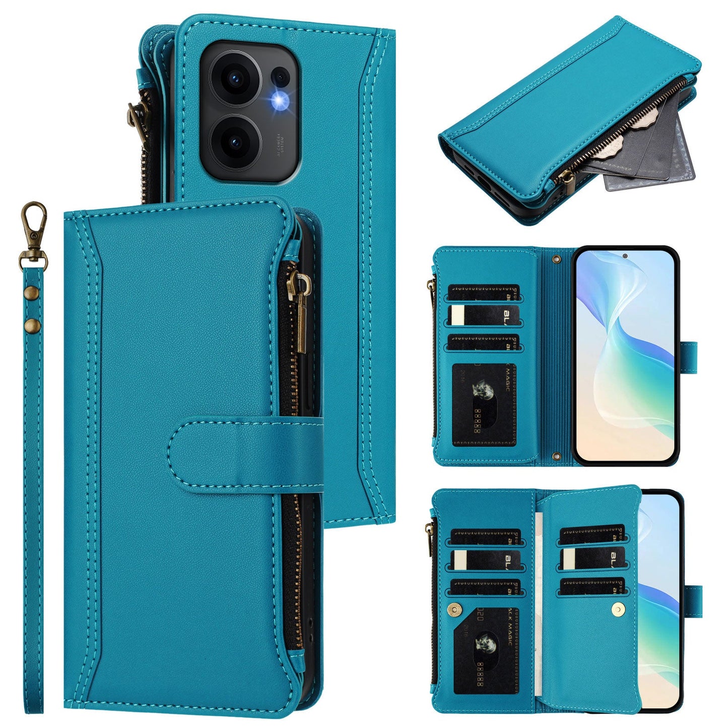 For Oppo Reno13 F 5G Leather Case 9 Card Slots Zipper Wallet Stand Phone Cover with Wrist Strap - Lake Blue