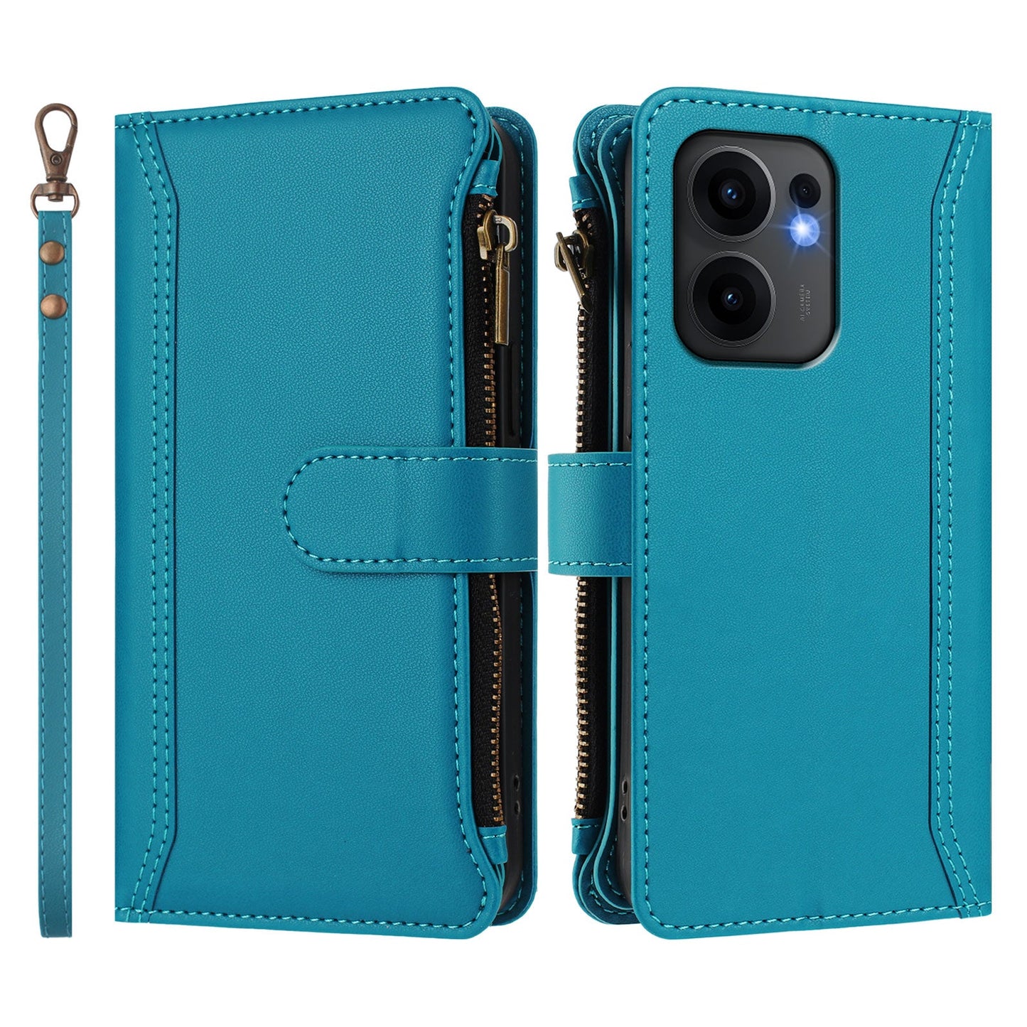 For Oppo Reno13 F 5G Leather Case 9 Card Slots Zipper Wallet Stand Phone Cover with Wrist Strap - Lake Blue
