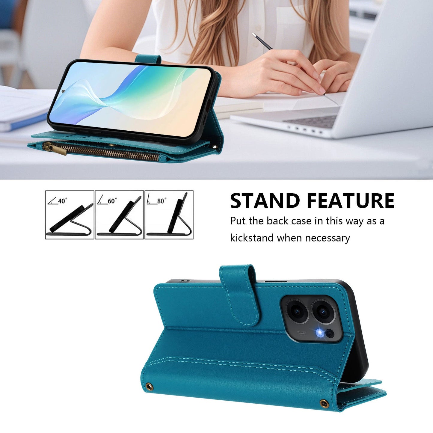 For Oppo Reno13 F 5G Leather Case 9 Card Slots Zipper Wallet Stand Phone Cover with Wrist Strap - Lake Blue