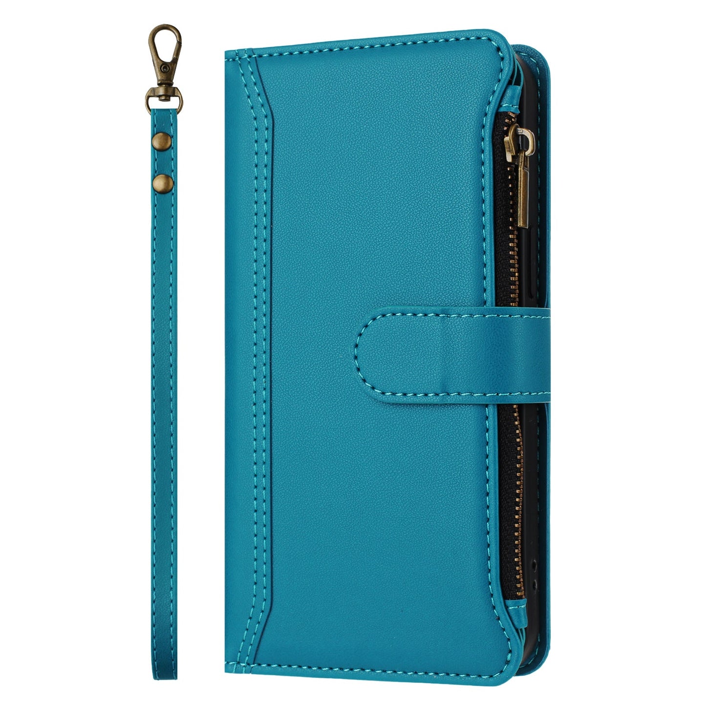 For Oppo Reno13 F 5G Leather Case 9 Card Slots Zipper Wallet Stand Phone Cover with Wrist Strap - Lake Blue