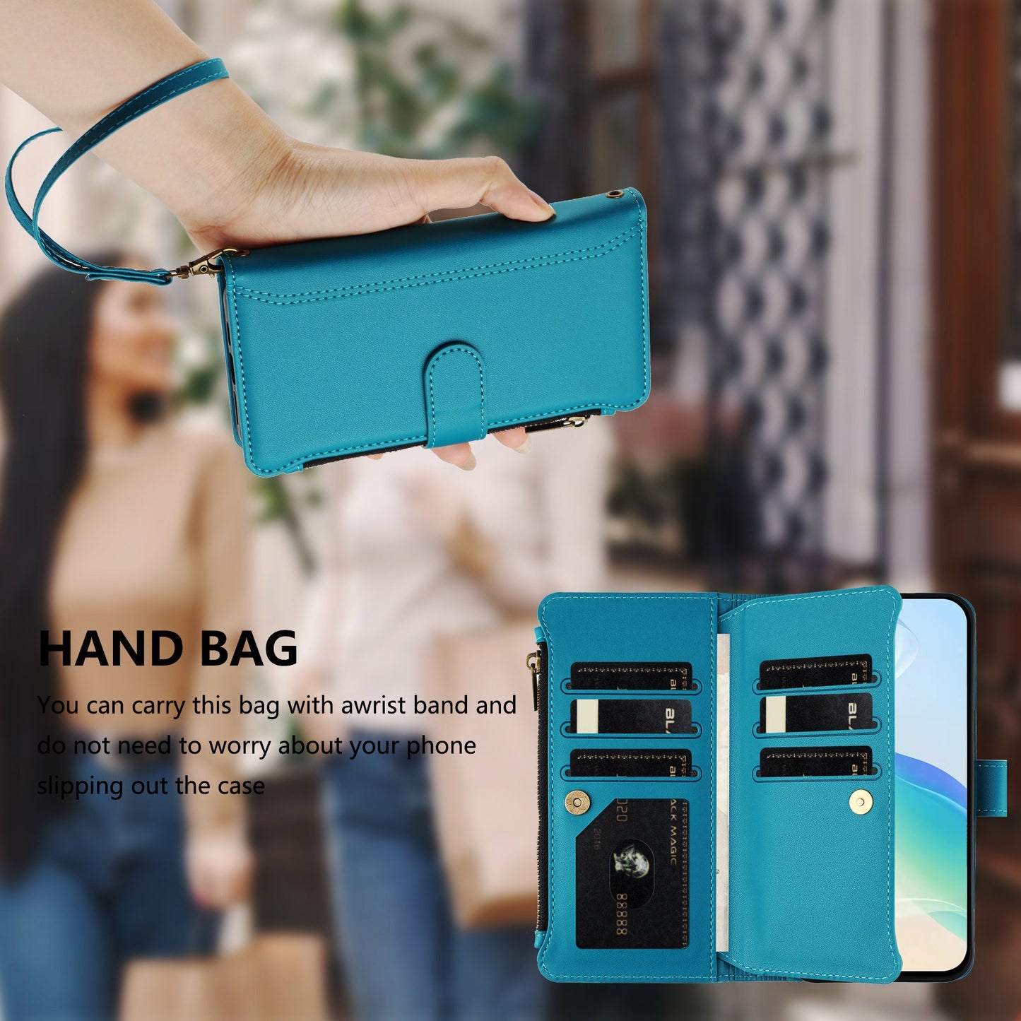 For Oppo Reno13 F 5G Leather Case 9 Card Slots Zipper Wallet Stand Phone Cover with Wrist Strap - Lake Blue