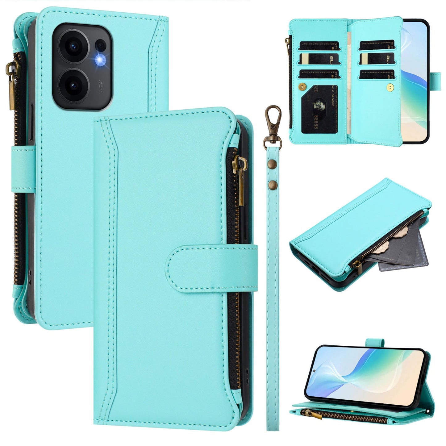 For Oppo Reno13 F 5G Leather Case 9 Card Slots Zipper Wallet Stand Phone Cover with Wrist Strap - Mint Green