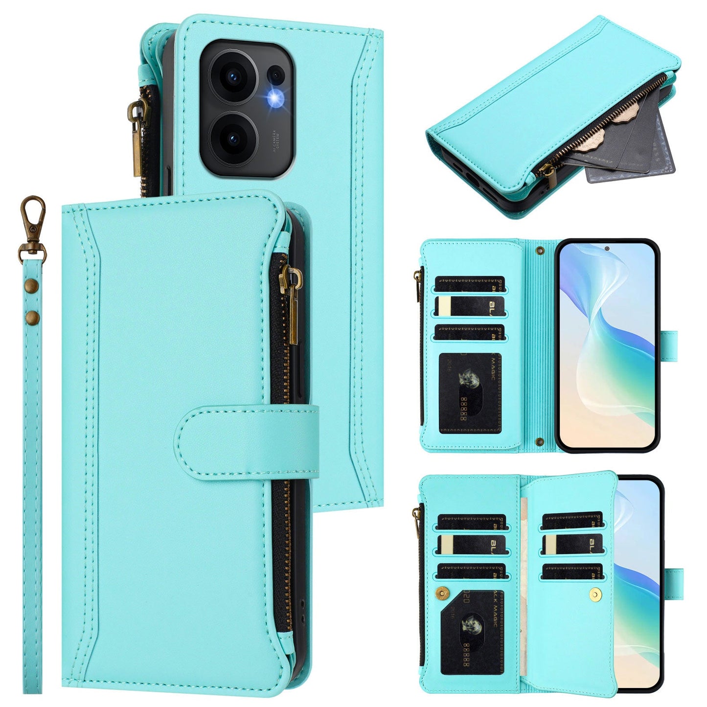 For Oppo Reno13 F 5G Leather Case 9 Card Slots Zipper Wallet Stand Phone Cover with Wrist Strap - Mint Green