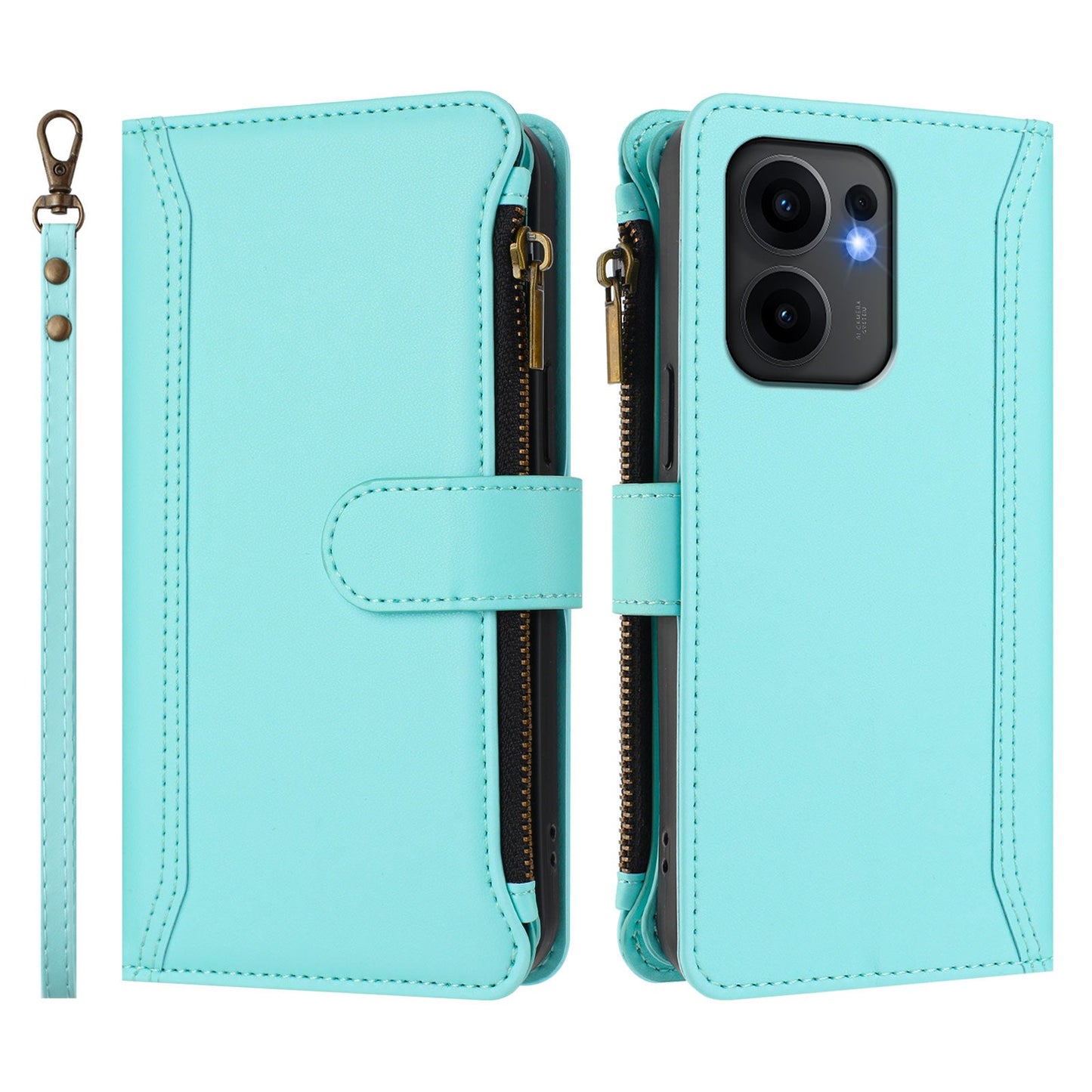 For Oppo Reno13 F 5G Leather Case 9 Card Slots Zipper Wallet Stand Phone Cover with Wrist Strap - Mint Green