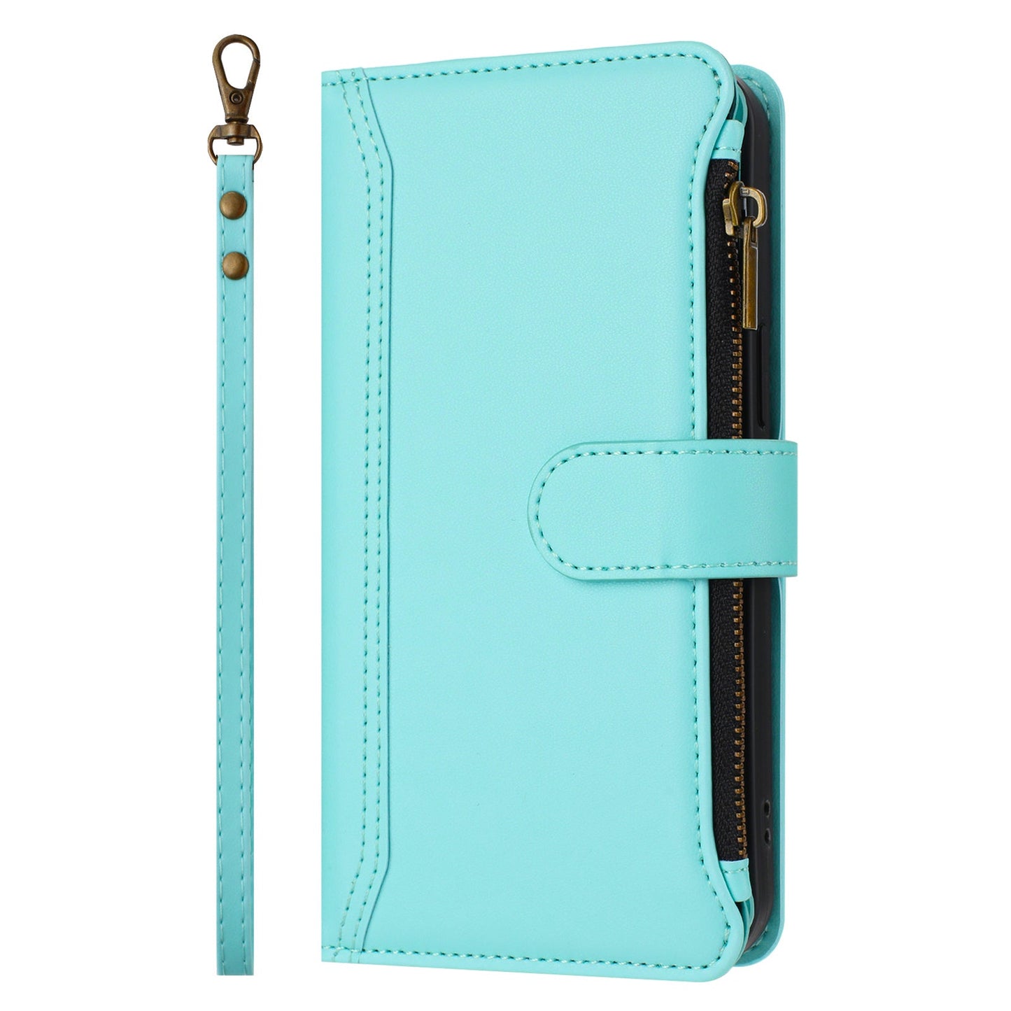 For Oppo Reno13 F 5G Leather Case 9 Card Slots Zipper Wallet Stand Phone Cover with Wrist Strap - Mint Green