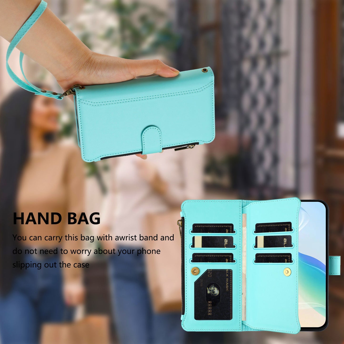 For Oppo Reno13 F 5G Leather Case 9 Card Slots Zipper Wallet Stand Phone Cover with Wrist Strap - Mint Green
