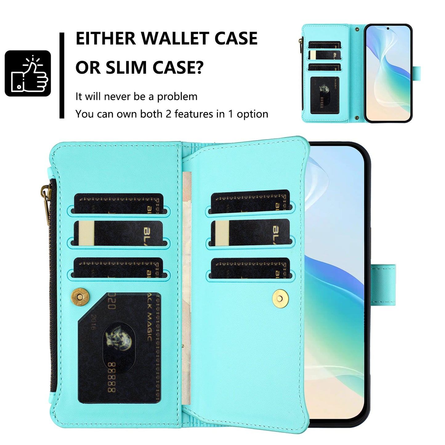 For Oppo Reno13 F 5G Leather Case 9 Card Slots Zipper Wallet Stand Phone Cover with Wrist Strap - Mint Green