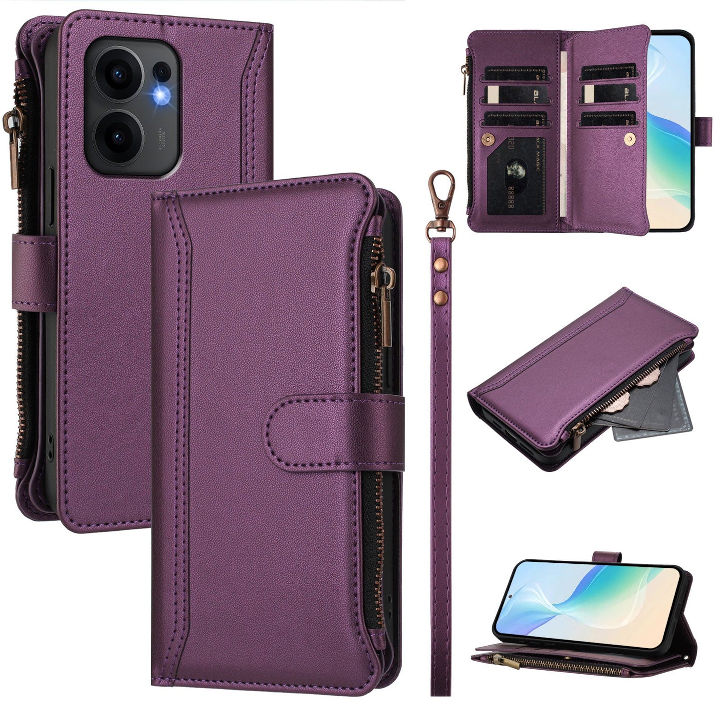 For Oppo Reno13 F 5G Leather Case 9 Card Slots Zipper Wallet Stand Phone Cover with Wrist Strap - Purple